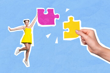 Collage photo of jumping active teenage girl wear yellow skirt hold puzzle put correct place...