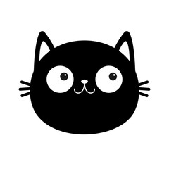 Black cat face head silhouette round icon. Funny kawaii smiling doodle animal. Cute cartoon funny character. Pet collection. Sticker print. Flat design Baby background. Isolated.