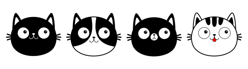 White black cat face head line contour silhouette icon set. Cute cartoon funny character. Funny kawaii smiling sad doodle animal. Different emotions. Pet collection. Flat design Baby background