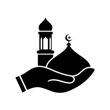 Hand holding mosque dome with minar icon vector.