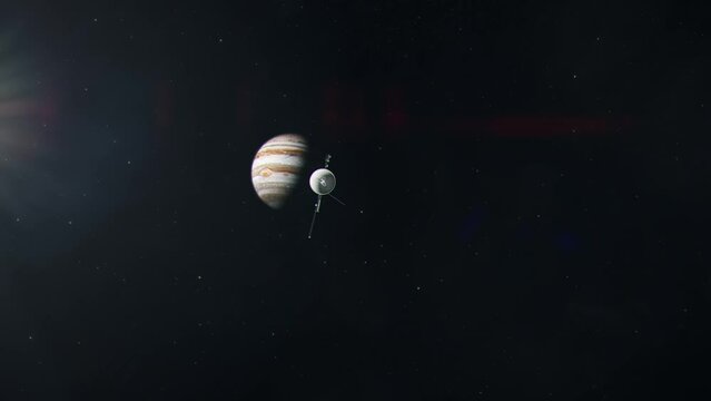 Voyage Space Probe Approaching a Distant Jupiter