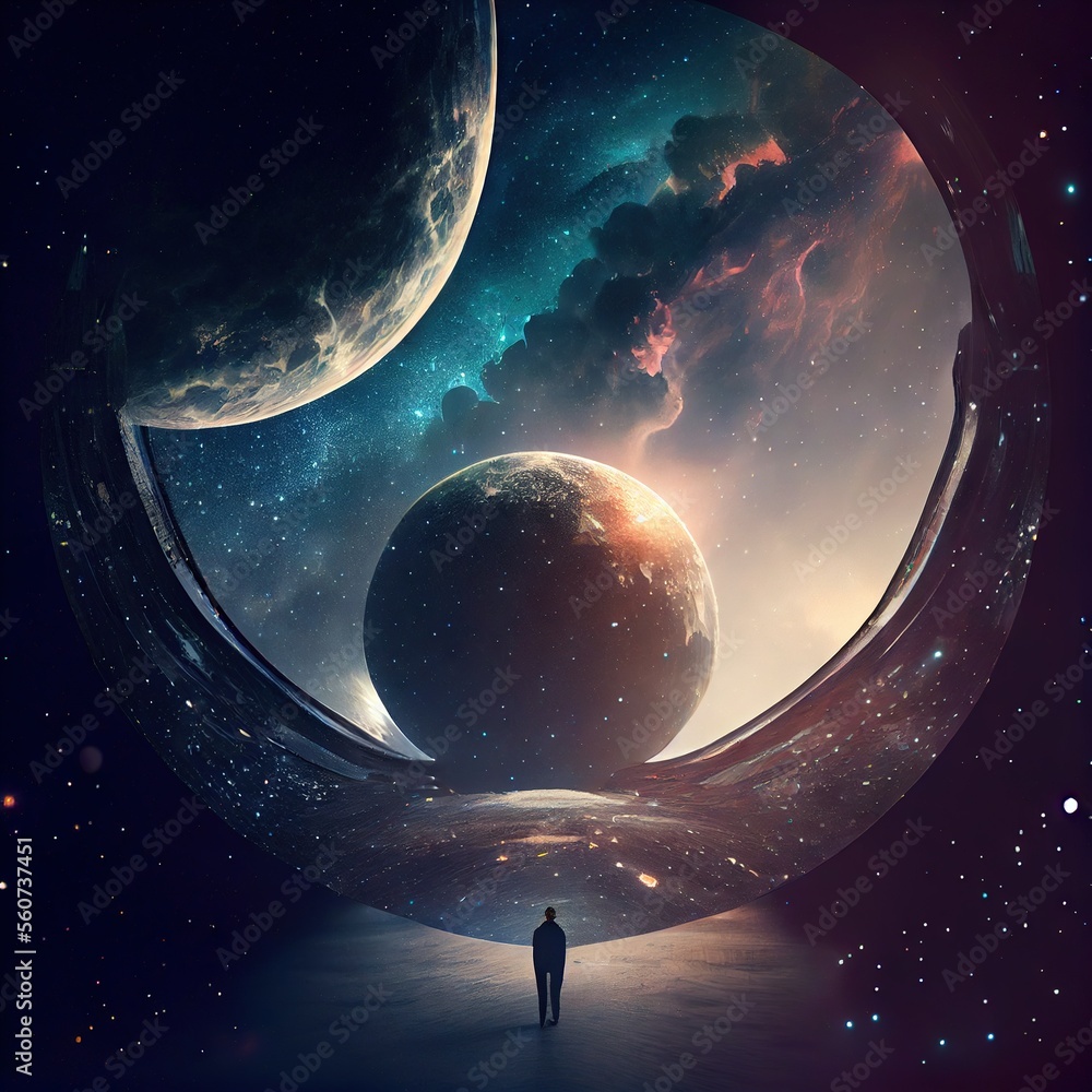 Wall mural a man stand in front of the universe generative ai