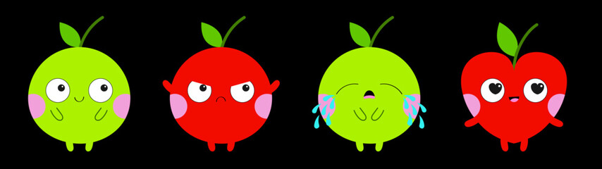 Emoji Apple icon set. Emoticon. Cute cartoon kawaii smiling sad angry crying in love character. Different emotion face. Funny fruit. Red green color. Heart shape. Flat design. Black background.