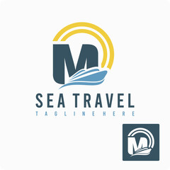 Initial M Letter with Ship Marine, Wave and Sun Icon for Travel Holiday Agency Business Logo Idea Template