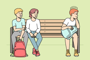 Rude children make fun of lonely boy kid. Schoolchildren bullying child sitting separate on bench. School mockery and discrimination. Vector illustration.  - obrazy, fototapety, plakaty
