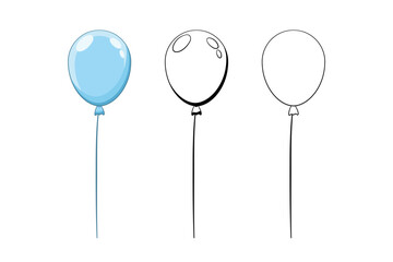 Okrągły balon, wypełniony helem w trzech różnych wersjach. Niebieski balon, w stylu komiksowym oraz obrys. - obrazy, fototapety, plakaty