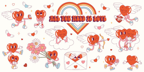 Groovy hippie love sticker set. Retro happy Valentines day. Comic happy heart character in trendy retro 60s 70s cartoon style. Retro characters and elements