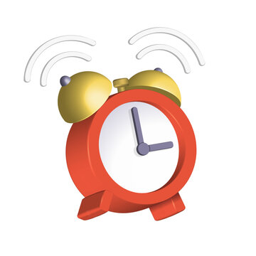 3D Plastic Cartoon Ringing Red Alarm Clock Isolated on White Background. Concept of Morning, Time to Wake Up or Deadline. Time Management Icon for app. Vector Illustration of 3d Render