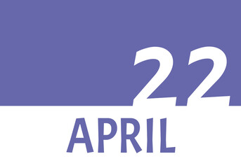 22 april calendar date with copy space. Very Peri background and white numbers. Trending color for 2022.