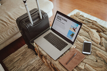 Laptop screen, travel website and suitcase background for vacation planning, hospitality marketing and hotel online blog advertising. Ux or ui web design, luggage and technology for contact us or faq - obrazy, fototapety, plakaty