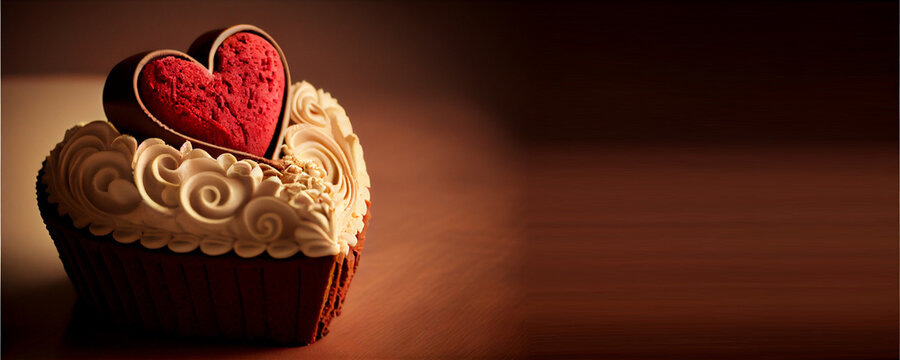 heart shaped cup cake with copy space, valentine day, dark background, generative ai