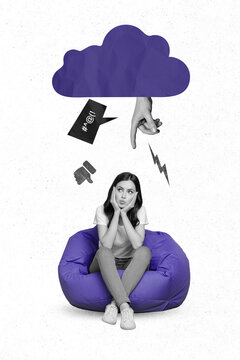 Creative 3d photo collage artwork graphics painting of unhappy lady sitting beanbag getting dislikes isolated drawing background