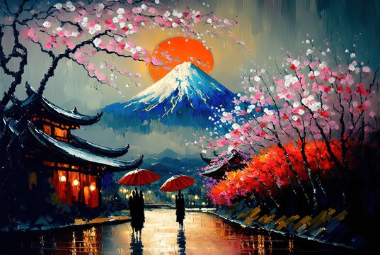 oil painting style illustration of ancient city street in Japan during spring time with Fuji mount as background