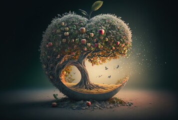 surreal illustration of an apple tree grow in apple fruit shape with light glow from behind - obrazy, fototapety, plakaty