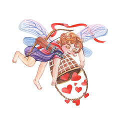 Watercolor cute Cupid sending hearts from wooder basket. Isolated illlustration for Valentine's day. Angel from fairytale.