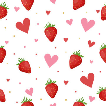 Pattern with strawberries and hearts. Strawberries. Vector graphics in flat style