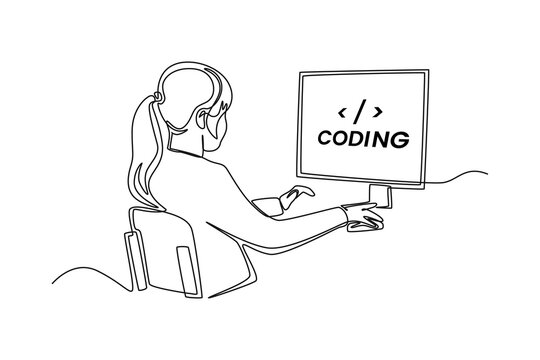 Single one line drawing Programmers or developers make programming language code in front of the computer. Programming code concept. Continuous line draw design graphic vector illustration.
