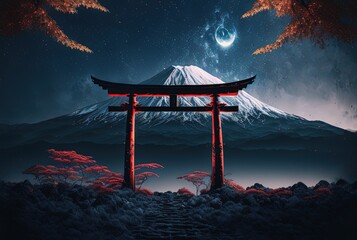 illustration of torii with Fuji mountain and milky way as background	
 - obrazy, fototapety, plakaty
