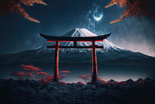 illustration of torii with Fuji mountain and milky way as background	
