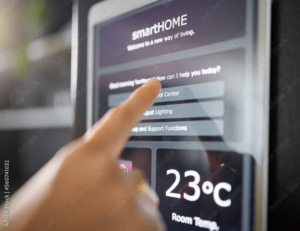 Aufkleber smart home technology, wall and hands of woman with digital app monitor for thermostat heating, secu