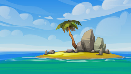 Little island with rocks and palm tree, vector illustration