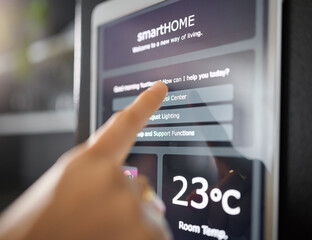Smart home technology, wall and hands of woman with digital app monitor for thermostat heating,...