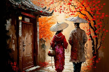 oil painting style illustration of lover walk together on ancient street during spring time under cherry blossom branch - obrazy, fototapety, plakaty