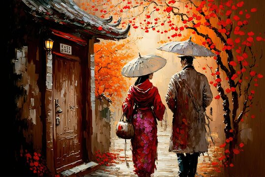 oil painting style illustration of lover walk together on ancient street during spring time under cherry blossom branch
