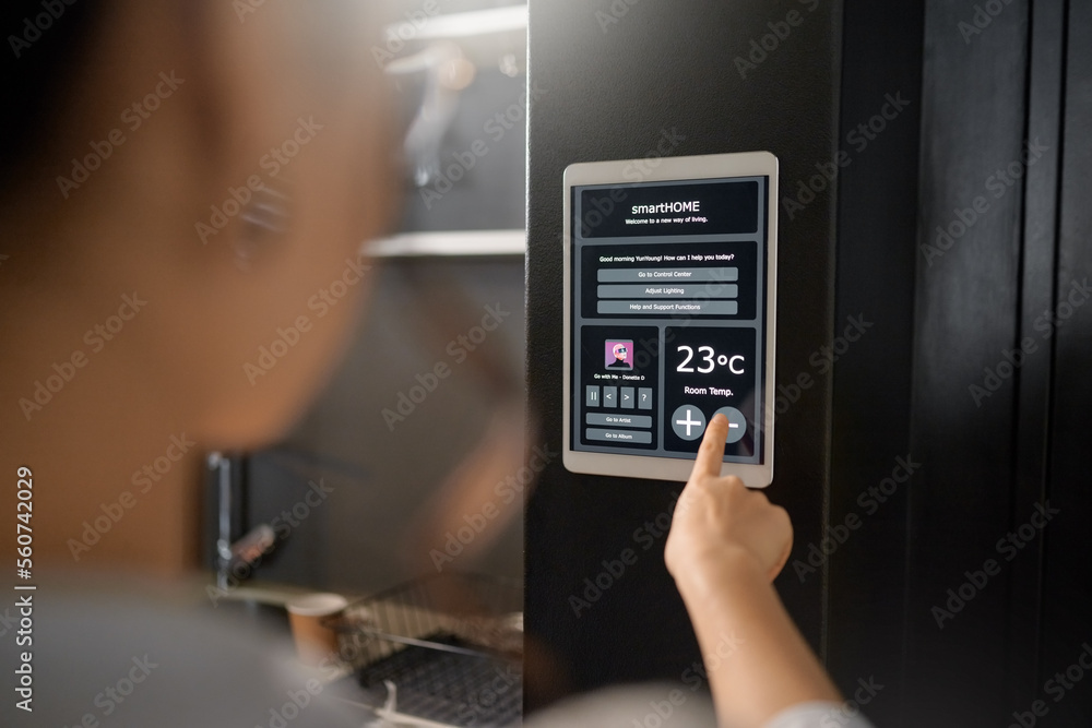 Leinwandbilder smart home, iot wall system and woman with digital app monitor for thermostat heating, temperature c
