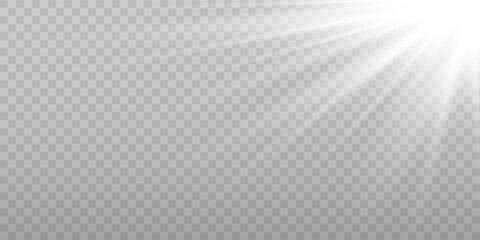 Shining sun glare rays, lens flare vector illustration. Sunlight glowing png effect. White beam sunrays sky background