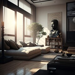Home interior with Chinese furniture,fictional interior made with generative ai