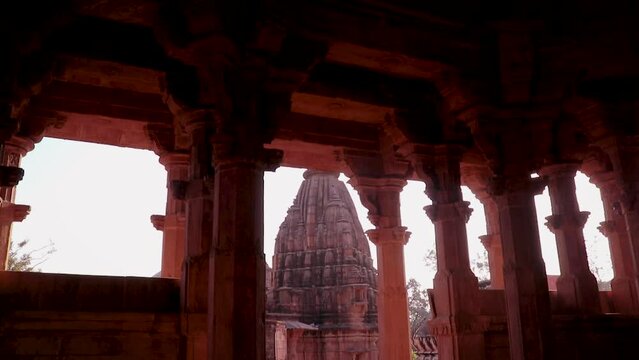 ancient hindu temple architecture from unique angle at day shot taken at mandore garden jodhpur rajasthan india.