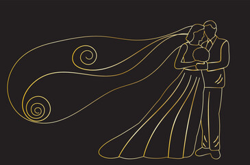 bride and groom golden sketch ,contour line