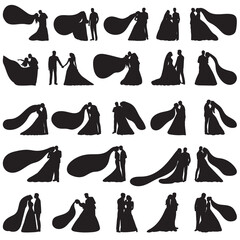 wedding set bride and groom silhouette design vector isolated
