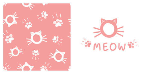 Fototapeta na wymiar Seamless pattern with cat cartoons and paw prints on pink background. Cat face with hand drawn fonts on white background vector illustration.