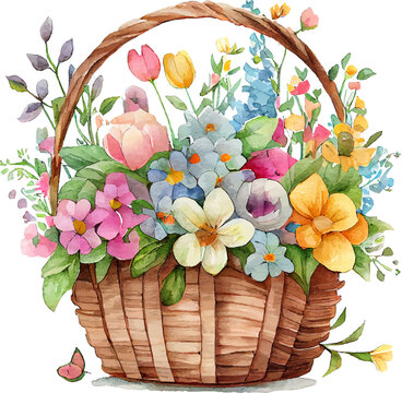 Cute watercolor basket with spring flowers Illustration Generative AI