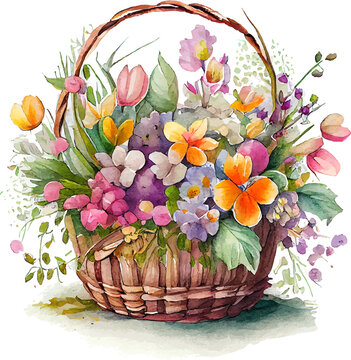 Cute watercolor basket with spring flowers Illustration Generative AI