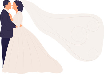 bride and groom with veil in flat style