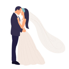 bride and groom with veil in flat style, isolated