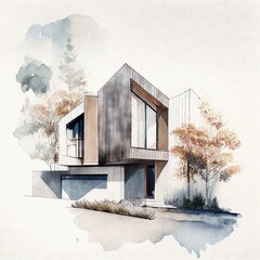 watercolored sketch of a modern minimalist house on watercolor paper, Generative AI