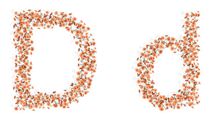 Concept or conceptual set of beautifull blooming gerberas bouquets forming the font D. 3d illustration metaphor for education, design and decoration, romance and love, nature, spring or summer.