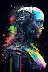 Artificial intelligence ai robot android illustration, digital cybernetic technology, colorful paint splatter background