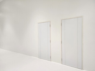 White walls and 2 white closed doors next to each other. Bright walls, simple interior with empty space. A wooden door without knobs or handles against a white wall with a bright light above it.
