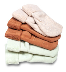 three pairs of baby anti-slip socks isolated on a white background