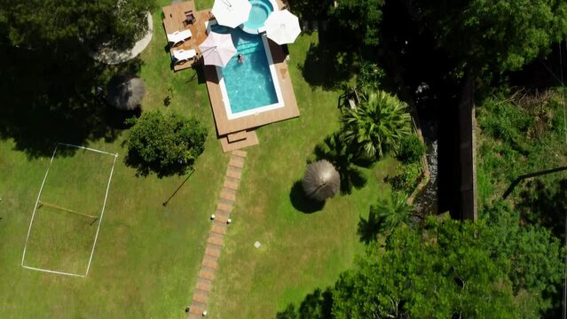 Top down aerial view of property with a swimming pool.