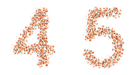 Concept or conceptual set of blooming gerberas bouquets forming the fonts  4 and 5. 3d illustration metaphor for education, design and decoration, romance and love, nature, spring or summer.