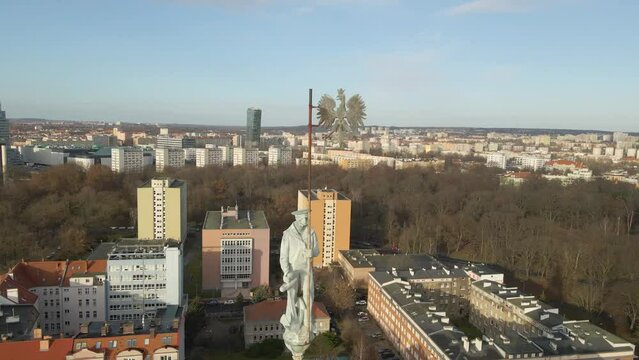 Famous place in Szczecin, Poland. Chrobry's Shafts. Amazing building on a sunny day, drone shot.