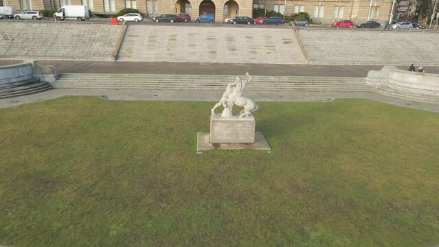 Famous place in Szczecin, Poland. Chrobry's Shafts. Amazing building on a sunny day, drone shot.