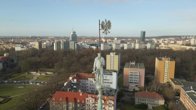 Famous place in Szczecin, Poland. Chrobry's Shafts. Amazing building on a sunny day, drone shot.