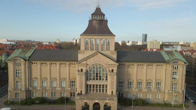 Famous place in Szczecin, Poland. Chrobry's Shafts. Amazing building on a sunny day, drone shot.
